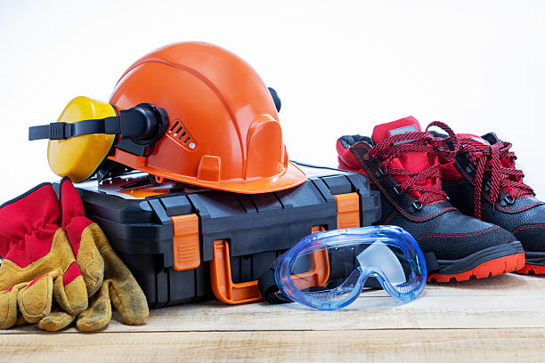 Safety equipment and toolbox on wooden workbench. SAFETY COLLECTION5 - Image 1