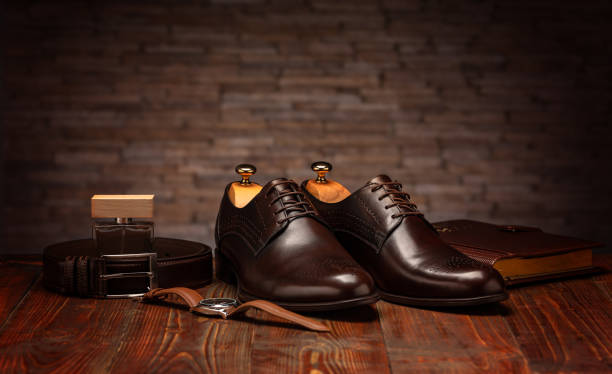 Still life of classic male brown leather shoes on wooden background SHOES COLLECTION1 - Image 1